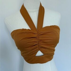 J.O.A. Brown Ruched Cut Out Crop Top